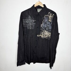 Roar Superior Embroidered Button Up Shirt Long Sleeve Mens XL Black Y2K Grunge